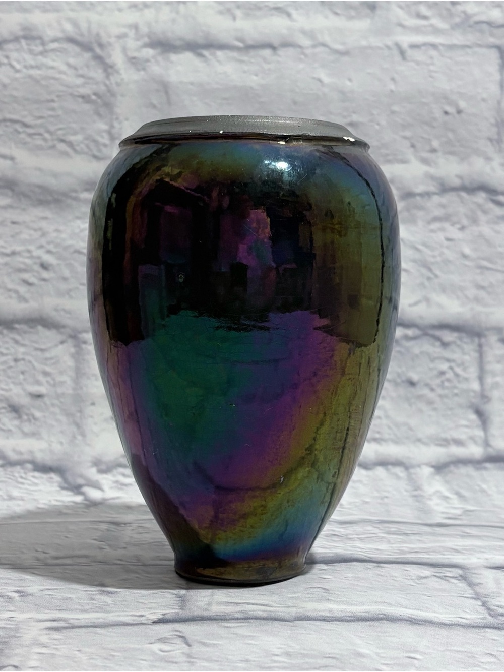 Vintage reflective iridescent oil slick ceramic vase